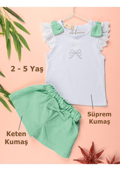 Novy Baby Fiyonklu Taş Baskılı Tshirt Şortlu Kız Çocuk 2'li Takım 2-5 Yaş