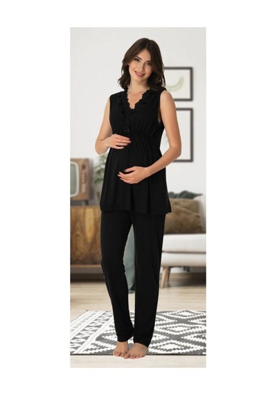 Effortt Kadın Siyah E&s Collection Dantel Yaka Lohusa Hamile Pijama Takım 8032 Siyah