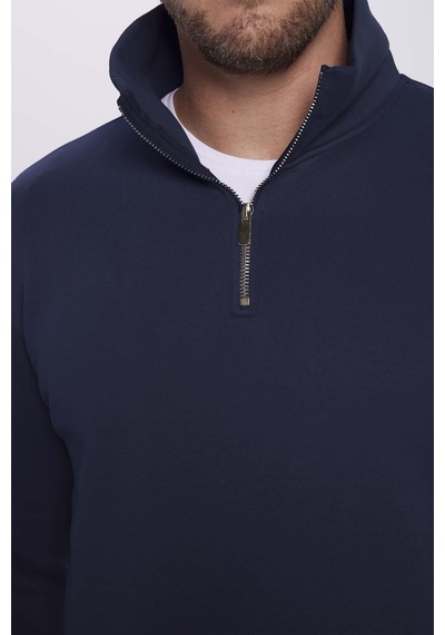 Tudors Unisex Relax Fit Rahat Kesim Pamuklu Yarım Fermuarlı Lacivert Dik Yaka Sweatshirt-31450-lacivert Lacivert