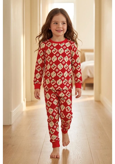 Zuzunga Kız Çocuk Kiraz Ve Papatya Desenli Kırmızı Uzun Kollu Alt Üst Pijama Takımı