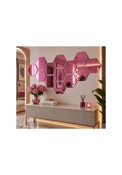 Kendinden Yapışkanlı Altıgen Dekoratif Duvar Aynası 1 Mm Kalınlık Petek Model Modern Salon, Antre Ve Yatak Odası Aynası Pembe