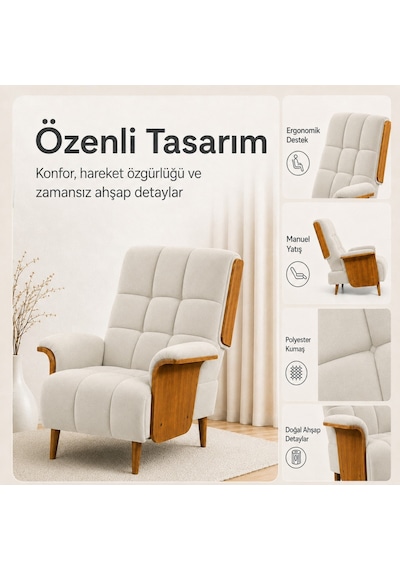 Smarto Genova Sabit Ergonomik Ekru Polyester Kumaş Tv Koltuğu Berjer Baba Koltuğu