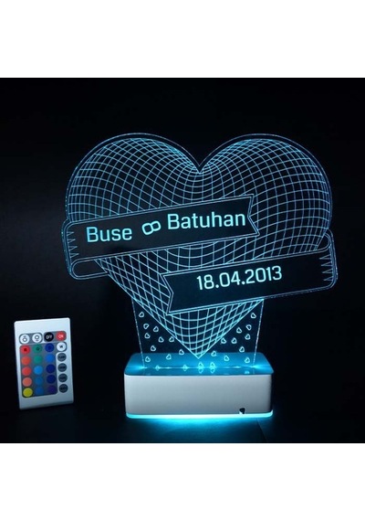 Sevgiliye Hediye Kalp & Isim & Tarih 3D Led Tasarım Lamba
