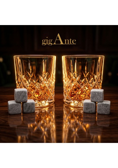 Gigante Deluxe Bohemia Kristal Viski Bardağı Seti, 320 Ml, 2 Bardak Ve 6 Mermer Viski Taşı, Kristal Kesim Desen, Hediye Kutusu Şeffaf