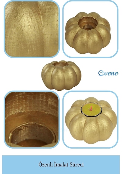 Eskitme Mumluk Şamdan 3 Adet Tealight Ve İnce Mum Uyumlu Kabak Model - Altın
