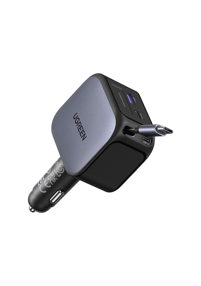 Ugreen 145w Usb-c Makaralı Dahili Kablolu Hızlı Araç Çakmaklık Şarj Cihazı, 2x Usb-c, 1x Usb-a Port, 55910b