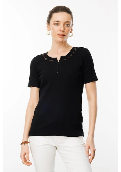 Desen Triko Kadın Açma Yaka Boncuk İşlemeli T-shirt 24754 Siyah Siyah
