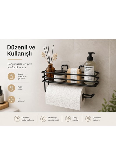 Alper Banyo Yapışkanlı Siyah Raflı Solo Havlu Askısı