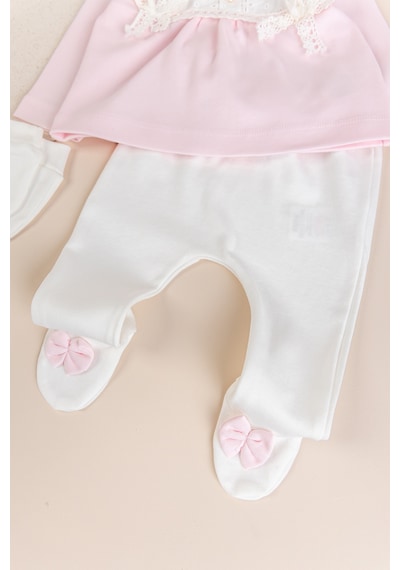 Babymod Fistolu 100% Pamuk Kız Bebek Takım 5'li Set Pudra