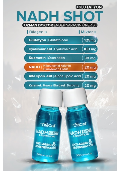 Lifecell Nadh Shot + Glutathione  Takviye Edici Gıda 10 Flakon