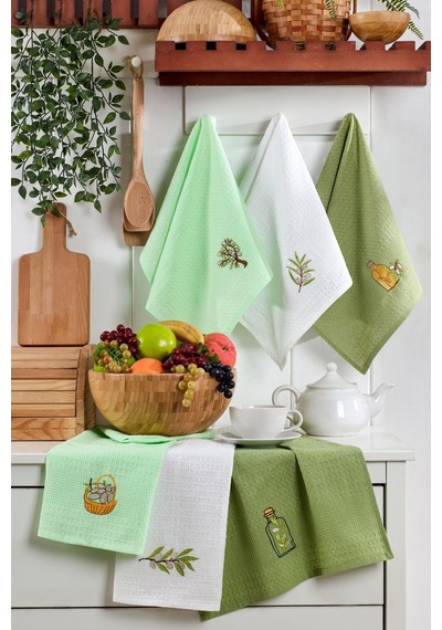 Veramoni Olive 6'lı Mutfak Kurulama Bezi 40x60cm Mutfak Havlusu Pamuklu - Yeşil