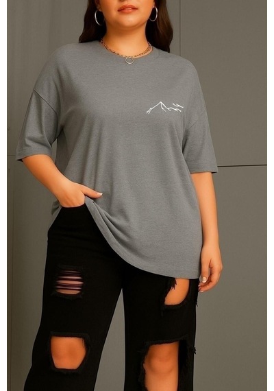 Büyük Beden Dağ Baskılı Unisex Tişört Gri