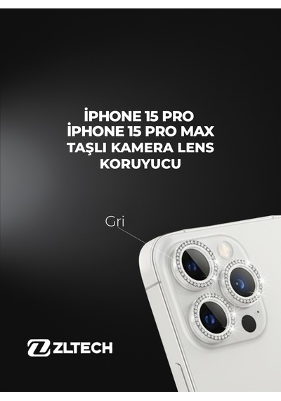 İphone 15pro/15promax Uyumlu Taşlı Kamera Lens Koruyucu Gri