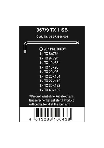 Wera 967 Pkl/9 Sb Torx L Anahtar Seti, Blacklaser, 9 Parça, Wera