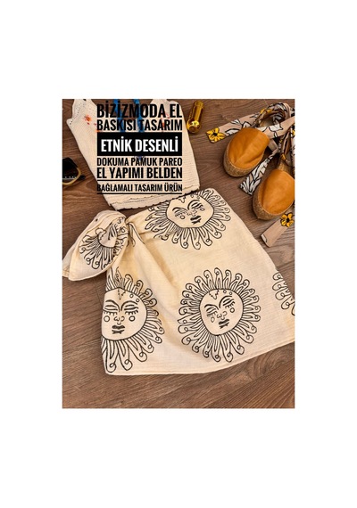 Bizizmoda Etnik Desen Baskı Dokuma Doğal Kumaş El Baskısı Pareo Krem