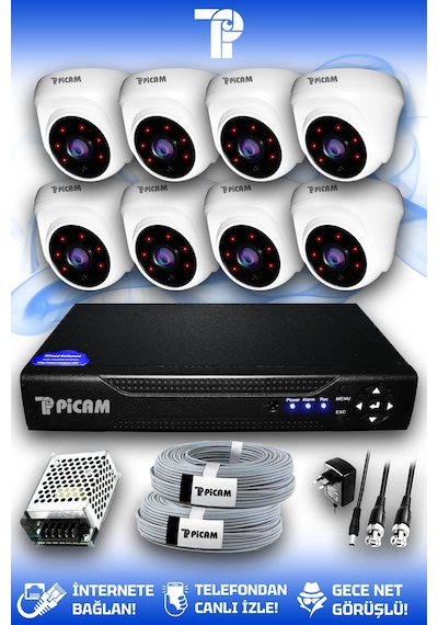 Picam 8 Kameralı Dome 8 İç Kamera Set HDD'siz Full HD Gece Görüşlü Güvenlik Kamerası Sistemi