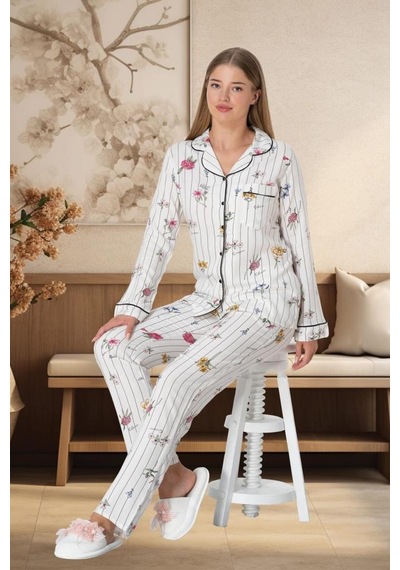 Mecit Pijama Mecit 5252 Bayan Ekru Boydan Düğmeli Pijama Takımı 001