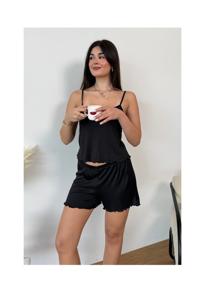 Giysa Kadın Askılı Şortlu Pijama Takımı Siyah - 3300 Siyah Düz