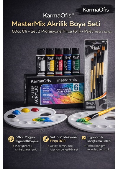 Mastermix Akrilik Boya Seti 60cc 6 Lı + Set 3 Profesyonel Fırça 6 Lı + Palet Hobi & Sanat Seti Çok Renkli