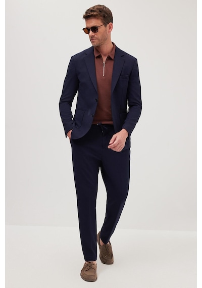 Tudors Erkek Regular Fit Lacivert Esnek Likralı Kumaş Mono Yaka Torba Cepli Takım Elbise-41311 Lacivert
