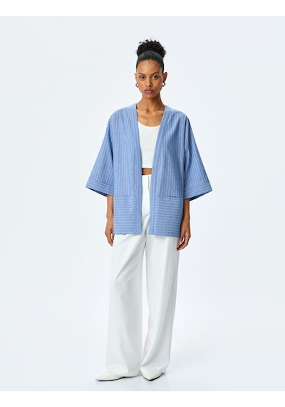Koton V Yaka Cep Detaylı Oversize Çizgili Kruvaze Kimono Mavi Çizgili 5sak50014pw Mavi Çizgili Çok Renkli
