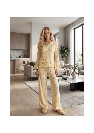 Kadın Uzun Kollu Desenli Fiyonk Detaylı Kaşkorse Kumaş Pijama Takımı Sarı