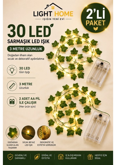 2 Adet Yapay Sarmaşık Led Işık Dekoratif Işıklı Sarmaşık Led Oda Duvar Yatak Odası Parti Yılbaşı Dekoru Her Biri 3 Metre 30 Led Sarı