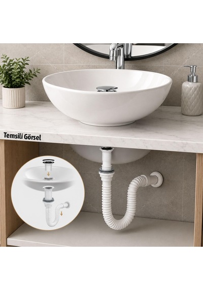 Lexroo Lavabo Sifonu Felix Pop-up Beyaz Evye Lavabo Gider Borusu Koku Önleyici Süzgeçli Bağlantı Standart