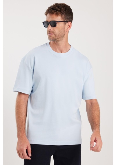 Tudors Unisex Oversize Geniş Kesim %100 Pamuk Yumuşak Dokulu Basic Bisiklet Yaka Mavi Tişört-35184 Mavi