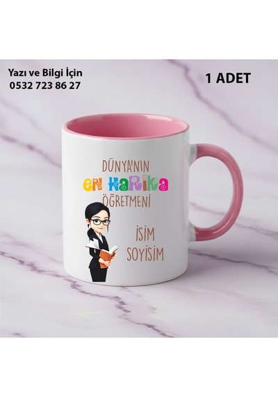 En Harika Öğretmen Tasarımlı Kupa Bardak -öğretmenler Günü Hediyelik-kişiye Özel İsim Yazılabilir Pembe