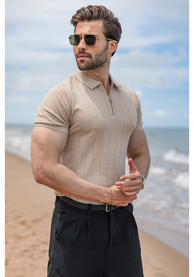 Madmext Taş Rengi Regular Fit Polo Yaka Triko Erkek Tişört E7503