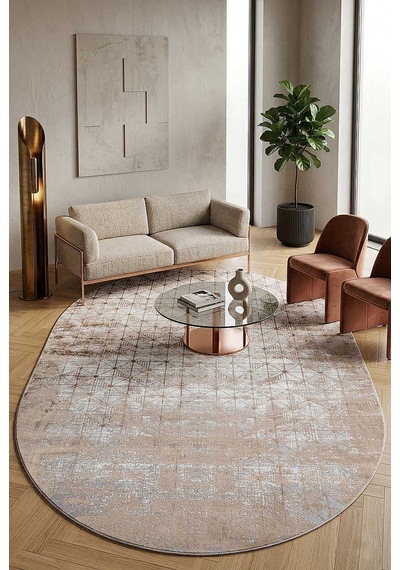 Parlak Saten Dokulu Poem Bambu Tuşe Modern Trend Oval Halı Pm06 Bej Bakır
