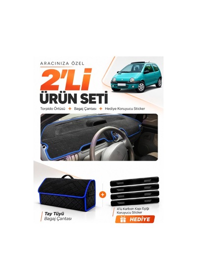 Renault Twıngo 1998-2000 Uyumlu Torpido Örtüsü + Tay Tüyü Bagaj Çantası + Sticker - Siyah Mavi