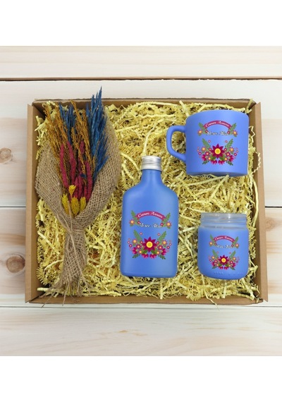 Bk Gift Kişiye Özel İsimli Dtf Anne Temalı Mavi Kahve Fincanı & Kolonya & Mum & El Yapımı Kuru Çiçek Buketi Hediye Seti-6, Anneye Hediye, Anneler Günü