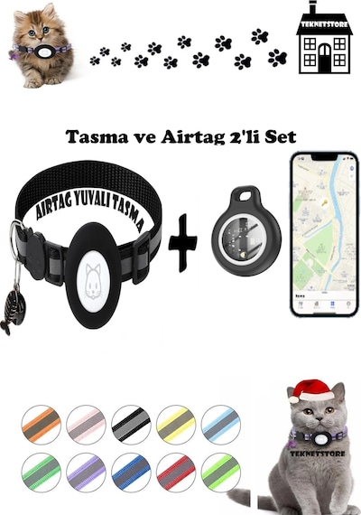 Teknetstore Takip Cihazı Ve Airtag Yuvalı Kedi Tasması 2'li Set Ios Android Uyumlu Boyun Tasması Gps