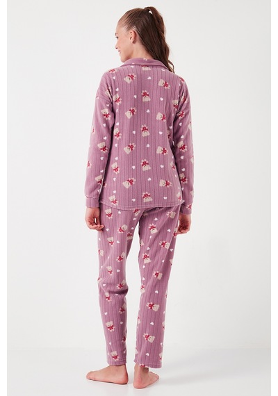 Lela Standart Fit Düğmeli Polarlı Bayan Pijama Takımı 6095615 Lila