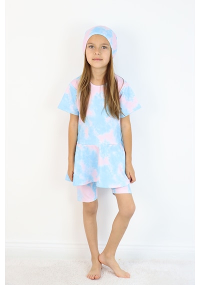 Lyraxkids Kız Çocuk Bisiklet Yaka Etekli Mayo Ve Tayt Bone Dahildir. Pembe - Mavi
