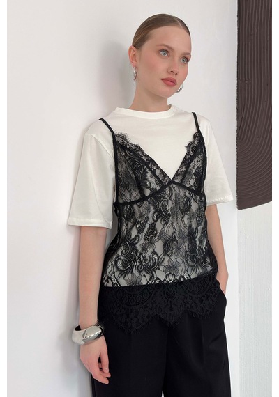 Verymoda Penye Tunik Üstü Dantel Kısa Elbise D3009 Krem