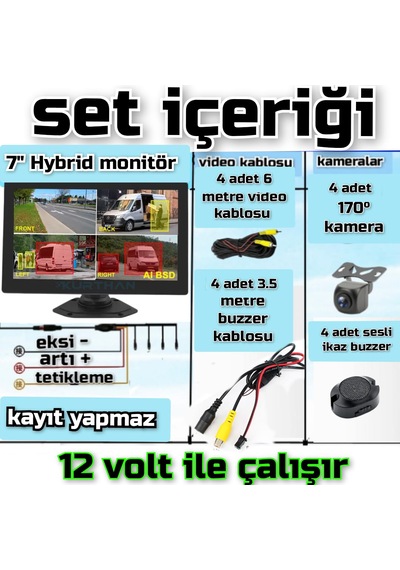 7'' Kayıtsız Ekran Araç Ve Yaya Tanımalı Sesli İkazlı 4 Kamera