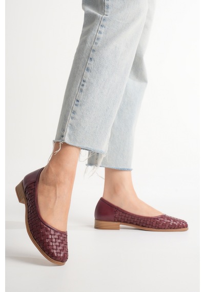 Analin Shoes Kadın Hakiki Deri Örgü Detaylı Babet Bordo