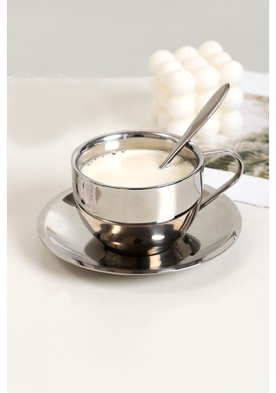 Çelik 4 Adet 3 Parça 180 Ml Çift Cidar Espresso Kahve Fincan Set Sunum Bardağı Gri