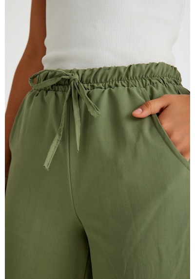Tasarım Beli Lastikli Bağcıklı Keten Günlük Pantolon Haki