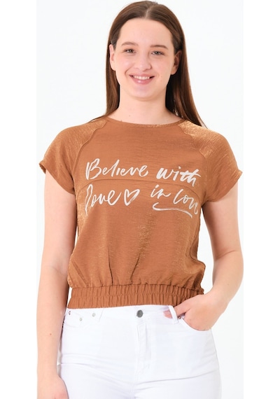 Sortie Collection Reglan Kollu Yazı Baskılı Beli Lastikli Bluz Kahverengi