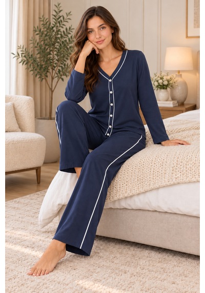 Lılac Kadın %100 Pamuk Beyaz Ara Biyeli Uzun Kollu Lacivert Pijama Takımı