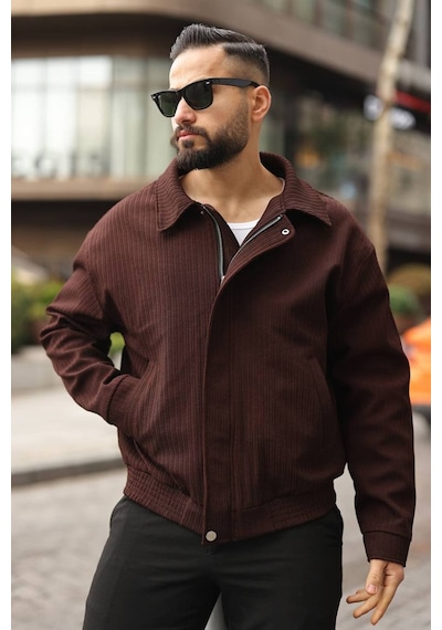 Yeni Sezon Dokulu Oversize Bol Kalıp Bomber Ceket Kahverengi