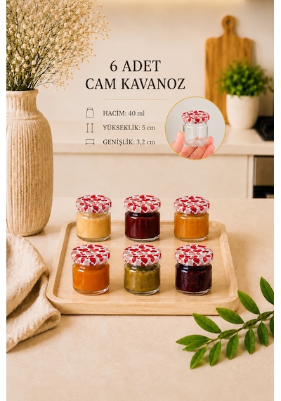 6 Adet 40 Ml Kalpli Metal Kapaklı Şeffaf Numune Mama Ek Gıda Şekerleme Reçellik Küçük Cam Kavanoz