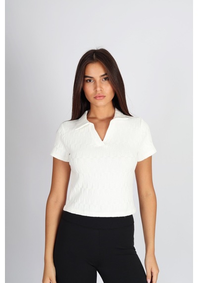 Soft&Basic Polo Yaka Raporlu Jakar Crop Fit T-shirt Ekru