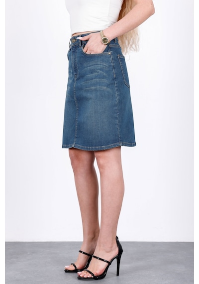 HLT Jeans Vintage Blue Kadın Regular Fit Likralı Yüksek Bel Orta Boy Denim Kot Etek Alice-4011 Mavi