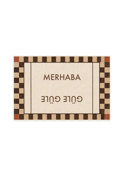Kartela Halı Merhaba Güle Güle Damalı Kapı Paspası Bej Kaymaz Kauçuk Taban Yıkanabilir 60x90 Cm