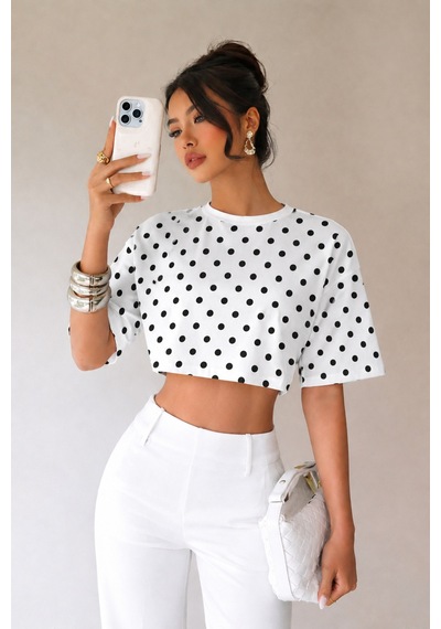 Hımmelduf Kadın Puantiye Desenli Crop Tişört Basic Oversize Yazlık Bluz Beyaz